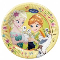 Kollased papptaldrikud, mille peal on Elsa ja Anna frozen multikast.