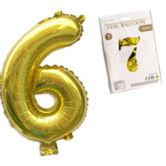 Suur kuldne täispuhutud õhupall number kuus.