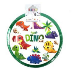 Valge põhja ja rohelise servaga papptaldrikud, mille keskele on kirjutatud dino ja selle ümber on erinevad värvilised dinosaurused.