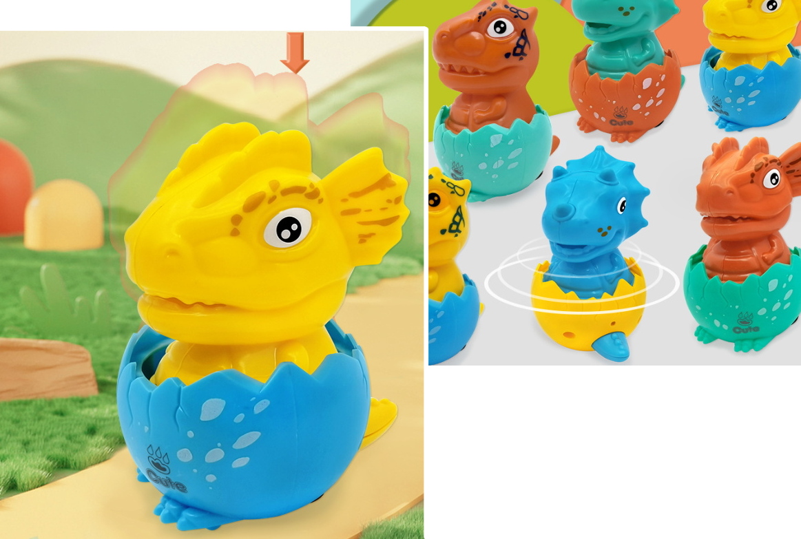 Sinises munakoores istuv väike kollane dinosaurus, mis hakkab sõitam kui tema pea peale vajutada.