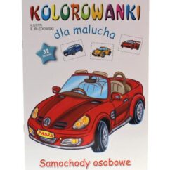 Valge kaanega laste värviraamat, mille keskel on punane sõiduauto.