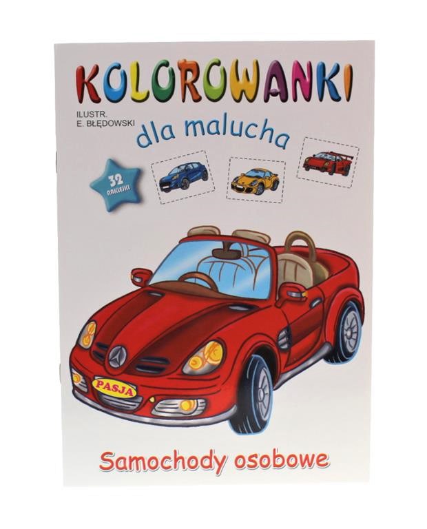 Valge kaanega laste värviraamat, mille keskel on punane sõiduauto.