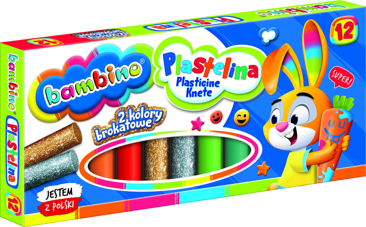 Plastiliinid ilusas lapsesõbralikus karbis sinine, valge ja rohekates toonides koos rõõmsa porgandiga jänese pildiga.