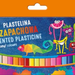 Sinise ja oranži kujundusega pakend, milles on värvilised plastiliinipulgad ning pakendil on vallatud puuviljad.