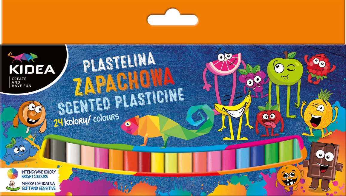 Sinise ja oranži kujundusega pakend, milles on värvilised plastiliinipulgad ning pakendil on vallatud puuviljad.