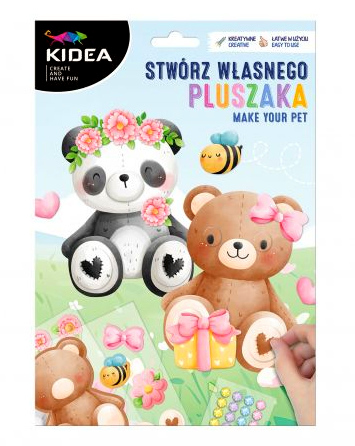 Laste loominguline komplekt loomadega karbis. Karp on roheka kujundusega ja selle peal istuvad karu ja panda.